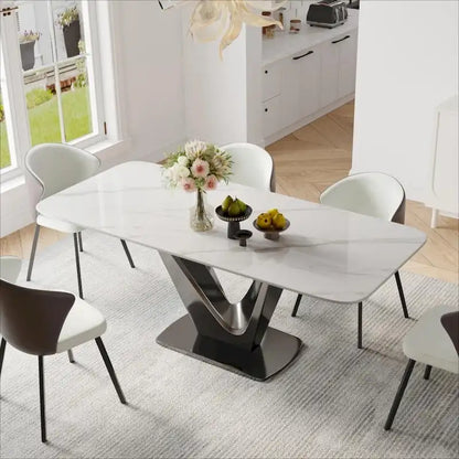 Table de salle à manger rectangulaire moderne 71 pour 6 personnes, plateau en pierre frittée blanche brillante et pieds en acier inoxydable doré