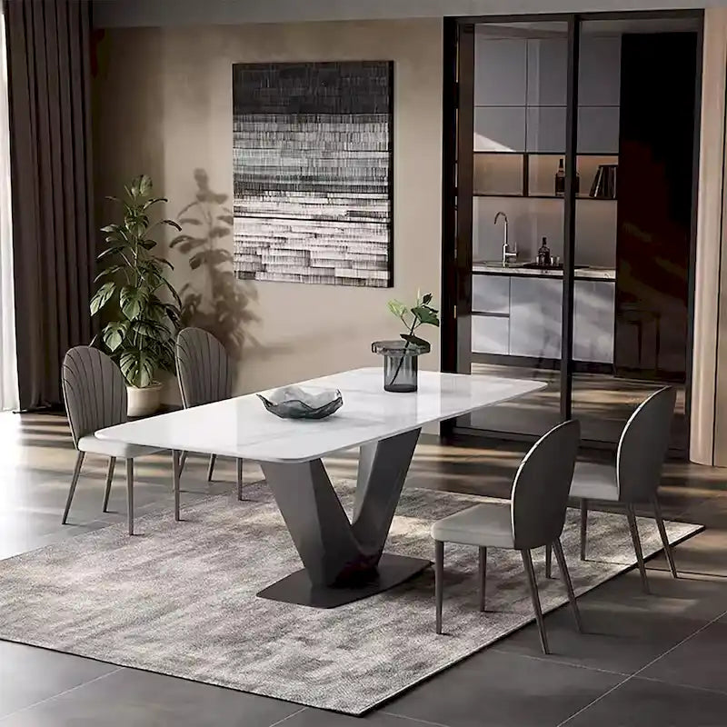 Table de salle à manger rectangulaire moderne 71 pour 6 personnes, plateau en pierre frittée blanche brillante et pieds en acier inoxydable doré