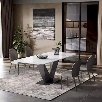 Table de salle à manger rectangulaire moderne 71 pour 6 personnes, plateau en pierre frittée blanche brillante et pieds en acier inoxydable doré