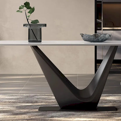 Table de salle à manger rectangulaire moderne 71 pour 6 personnes, plateau en pierre frittée blanche brillante et pieds en acier inoxydable doré