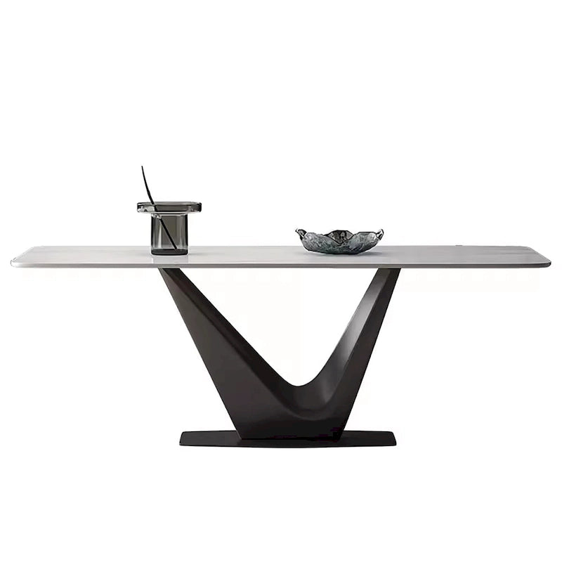 Table de salle à manger rectangulaire moderne 71 pour 6 personnes, plateau en pierre frittée blanche brillante et pieds en acier inoxydable doré