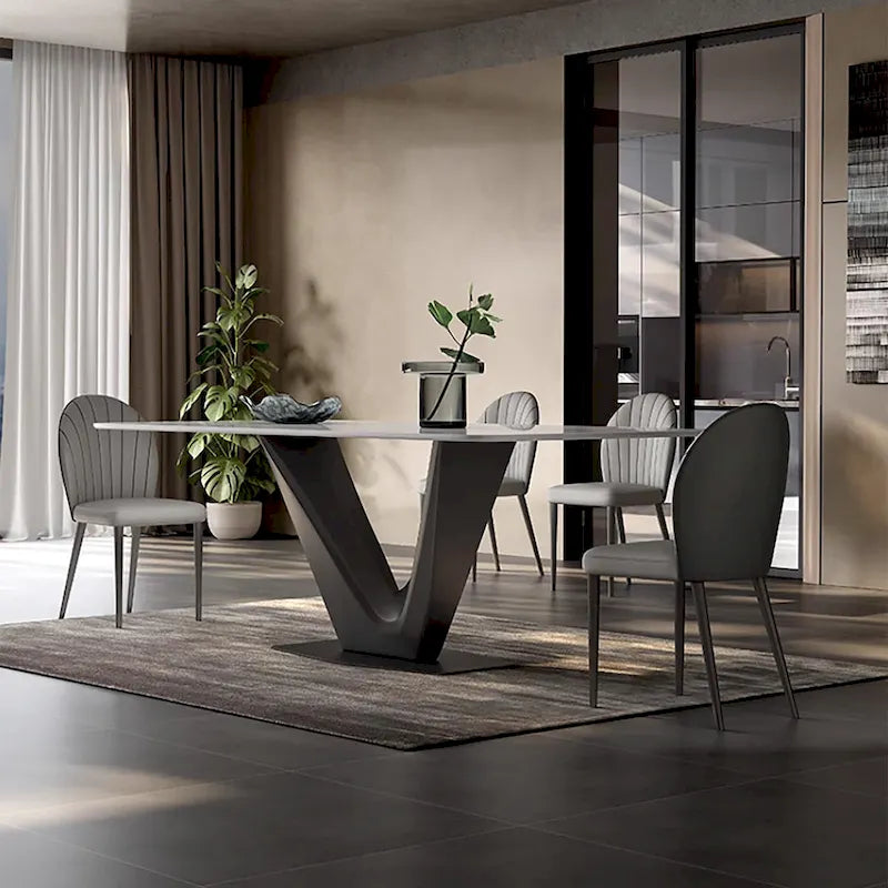 Table de salle à manger rectangulaire moderne 71 pour 6 personnes, plateau en pierre frittée blanche brillante et pieds en acier inoxydable doré