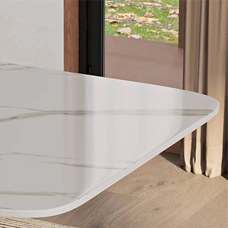Table de salle à manger rectangulaire moderne 71 pour 6 personnes, plateau en pierre frittée blanche brillante et pieds en acier inoxydable doré