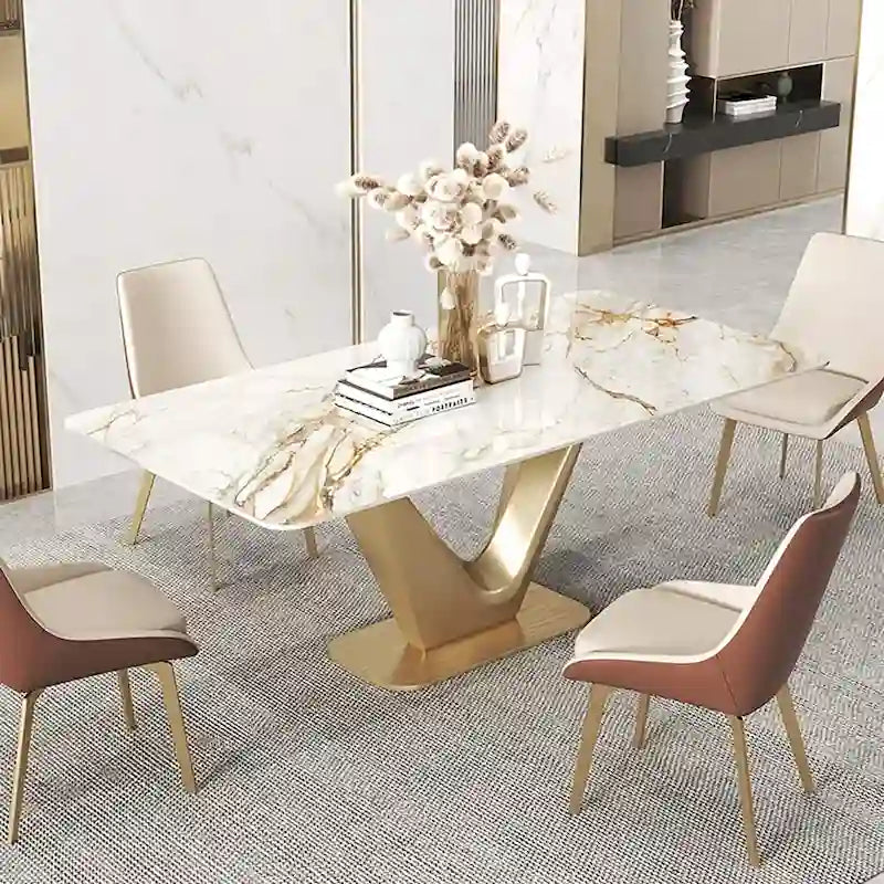 Table de salle à manger rectangulaire moderne 71 pour 6 personnes, plateau en pierre frittée blanche brillante et pieds en acier inoxydable doré