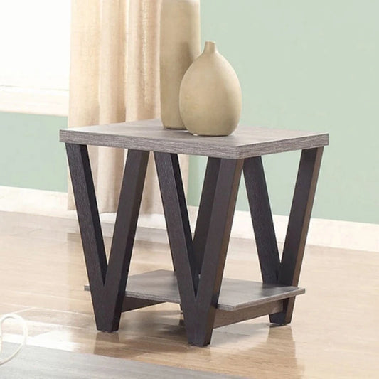 Zig-zag Contemporary Solid Wooden End Table With Bottom Shelf, Grey And Black