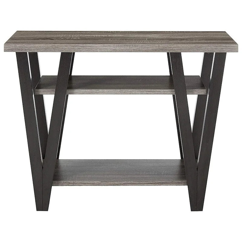 Table d'appoint contemporaine en bois massif à motif zigzag avec étagère inférieure, grise et noire