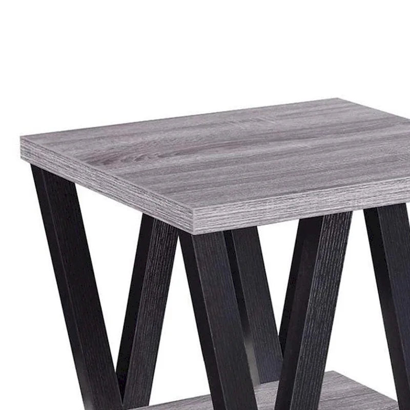 Table d'appoint contemporaine en bois massif à motif zigzag avec étagère inférieure, grise et noire