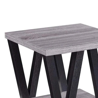 Table d'appoint contemporaine en bois massif à motif zigzag avec étagère inférieure, grise et noire