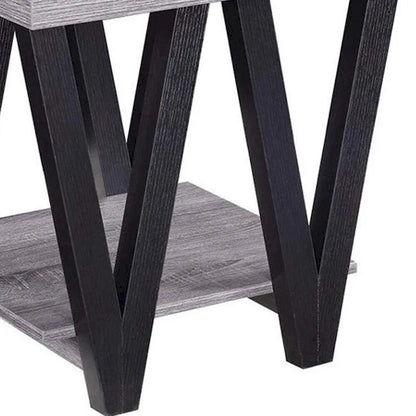 Table d'appoint contemporaine en bois massif à motif zigzag avec étagère inférieure, grise et noire