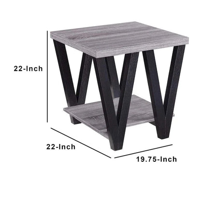 Table d'appoint contemporaine en bois massif à motif zigzag avec étagère inférieure, grise et noire