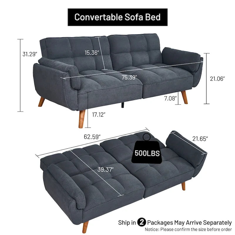 Canapé-lit futon, canapé convertible avec coussins, canapé deux places pliable pour salon