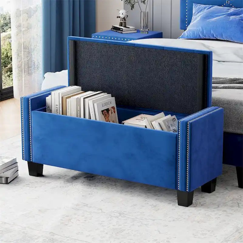 Upholstered Velvet Storage Ottoman Bench with Rivet Design