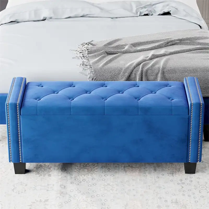 Banc ottoman de rangement en velours capitonné avec motif à rivets