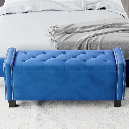 Banc ottoman de rangement en velours capitonné avec motif à rivets
