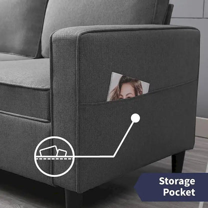 Canapé deux places Mixoy moderne en tissu avec poches sur les accoudoirs - Non disponible