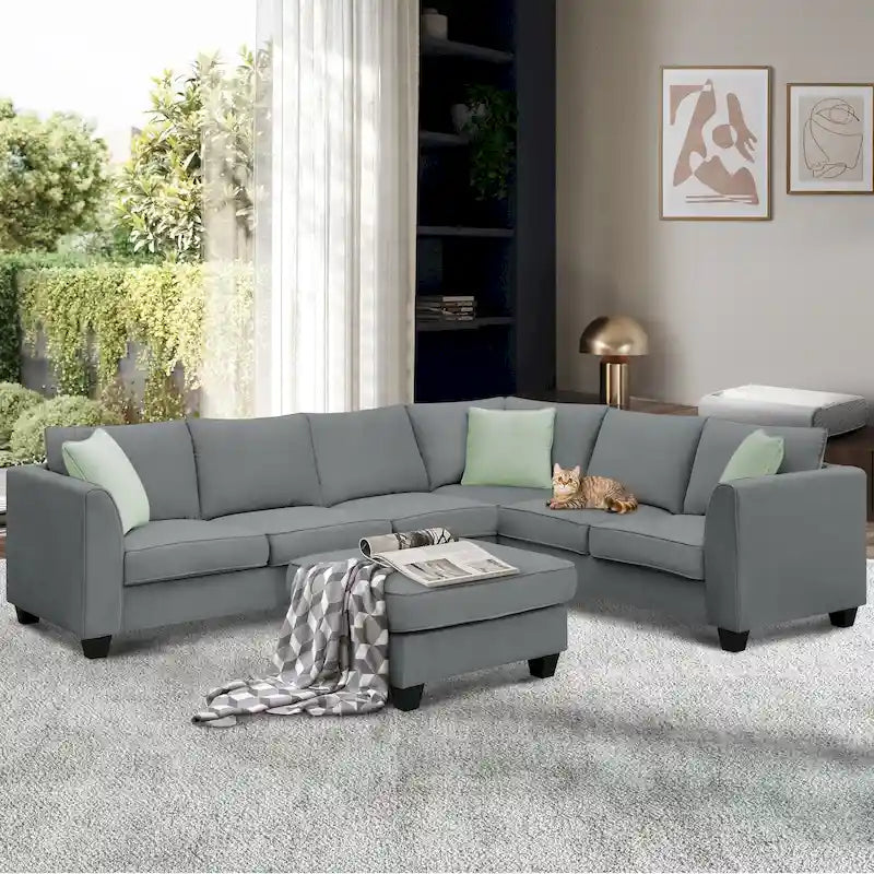 Canapé d'angle moderne avec pouf, modulable et spacieux
