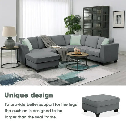 Canapé d'angle moderne avec pouf, modulable et spacieux