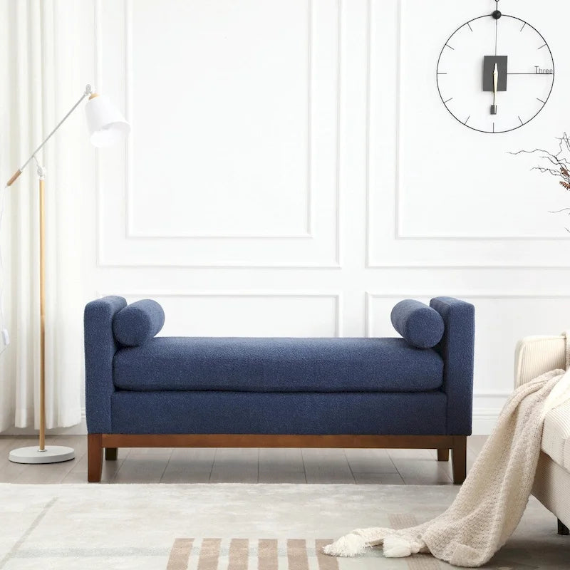 Élégant banc ottoman rembourré de 53,5 pouces avec pieds en bois et coussins cylindriques