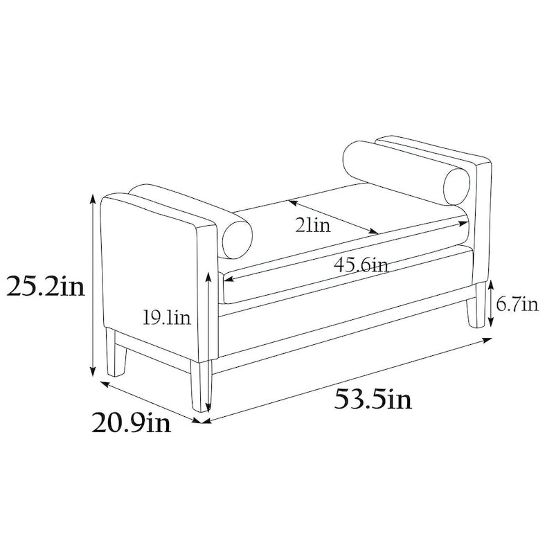 Élégant banc ottoman rembourré de 53,5 pouces avec pieds en bois et coussins cylindriques