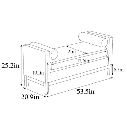 Élégant banc ottoman rembourré de 53,5 pouces avec pieds en bois et coussins cylindriques