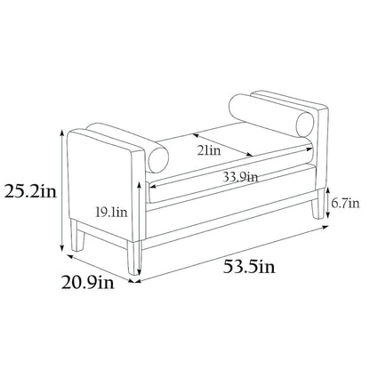 Élégant banc ottoman rembourré de 53,5 pouces avec pieds en bois et coussins cylindriques