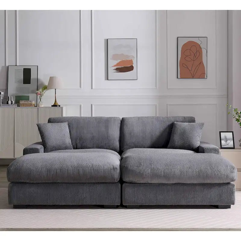 Canapé d'angle profond en velours côtelé avec pouf et coussins