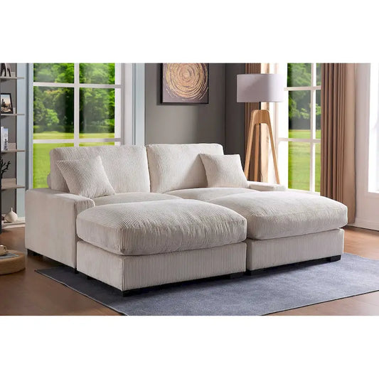 Corduroy Deep Seat Sectional Sofa with Ottoman Chaise and Pillows