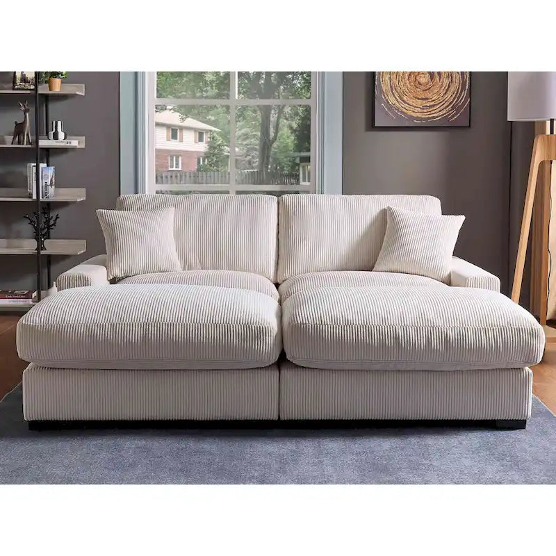 Canapé d'angle profond en velours côtelé avec pouf et coussins