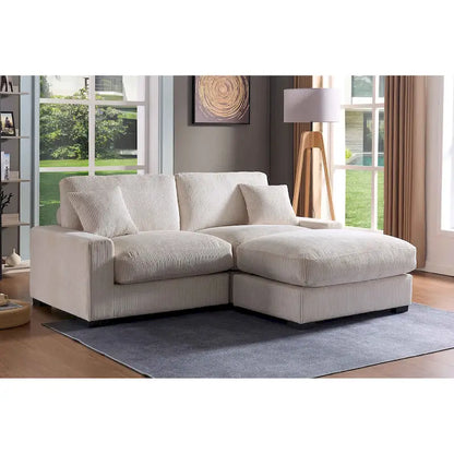 Canapé d'angle profond en velours côtelé avec pouf et coussins