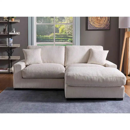 Canapé d'angle profond en velours côtelé avec pouf et coussins