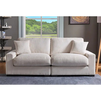 Canapé d'angle profond en velours côtelé avec pouf et coussins