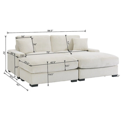 Canapé d'angle profond en velours côtelé avec pouf et coussins