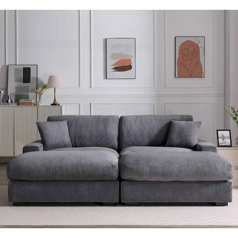 Canapé d'angle profond en velours côtelé avec pouf et coussins