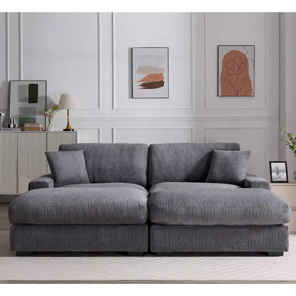 Canapé d'angle profond en velours côtelé avec pouf et coussins