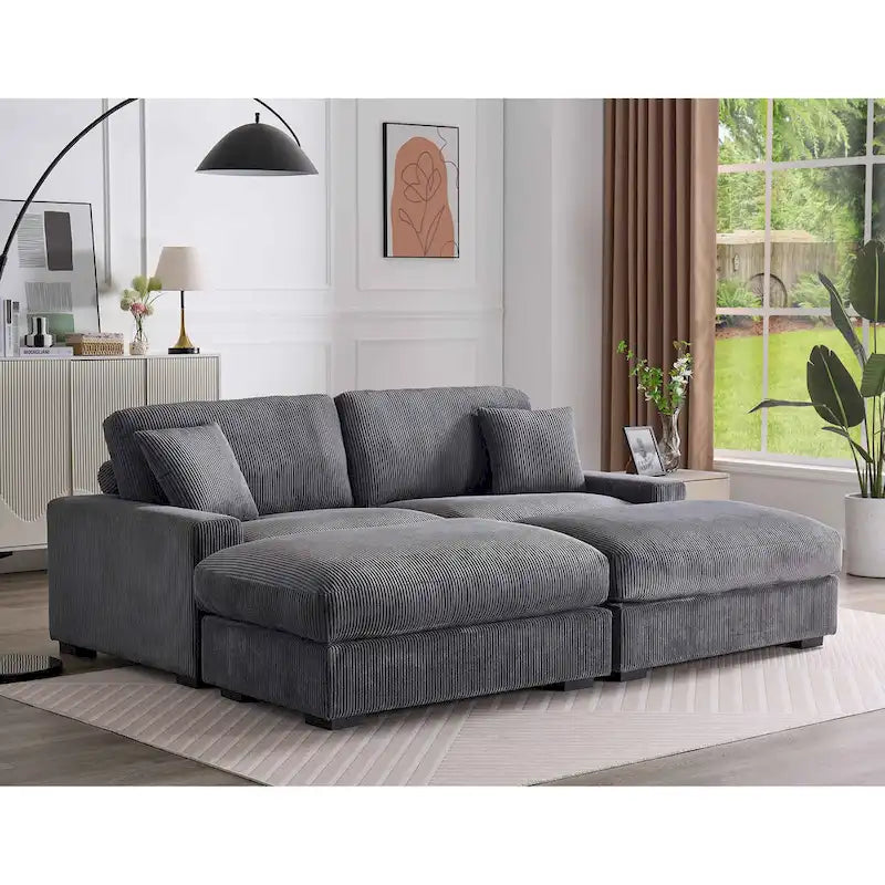 Canapé d'angle profond en velours côtelé avec pouf et coussins