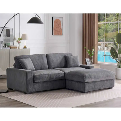 Canapé d'angle profond en velours côtelé avec pouf et coussins