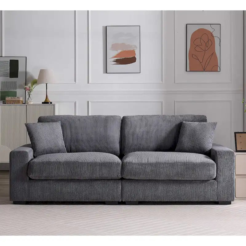 Canapé d'angle profond en velours côtelé avec pouf et coussins