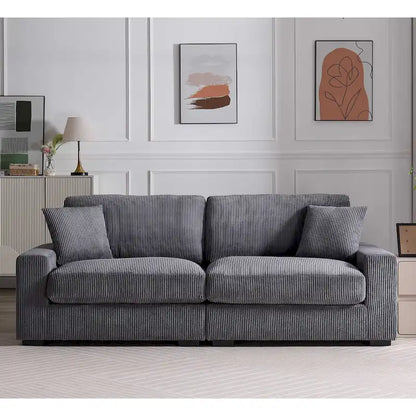 Canapé d'angle profond en velours côtelé avec pouf et coussins