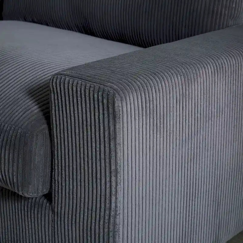 Canapé d'angle profond en velours côtelé avec pouf et coussins