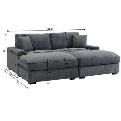 Canapé d'angle profond en velours côtelé avec pouf et coussins