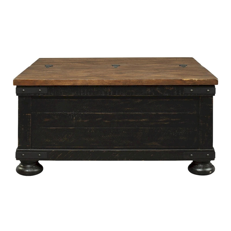 Table basse carrée en bois avec plateau relevable et coffre de rangement, marron et noir