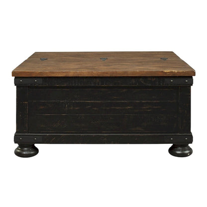 Table basse carrée en bois avec plateau relevable et coffre de rangement, marron et noir