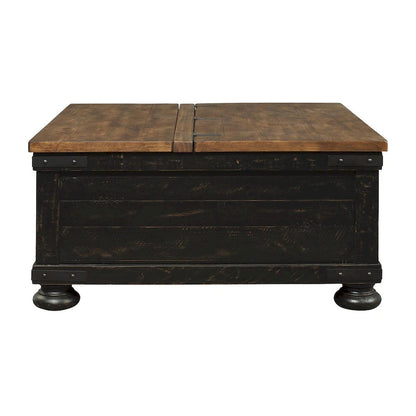 Table basse carrée en bois avec plateau relevable et coffre de rangement, marron et noir