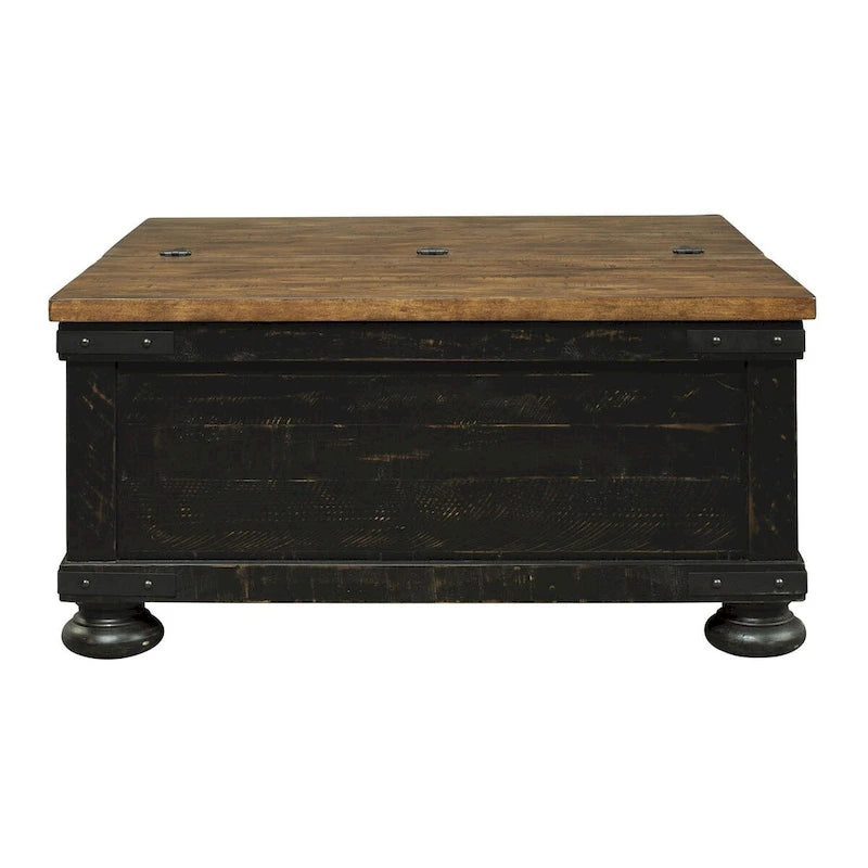 Table basse carrée en bois avec plateau relevable et coffre de rangement, marron et noir