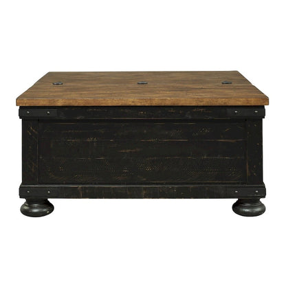 Table basse carrée en bois avec plateau relevable et coffre de rangement, marron et noir