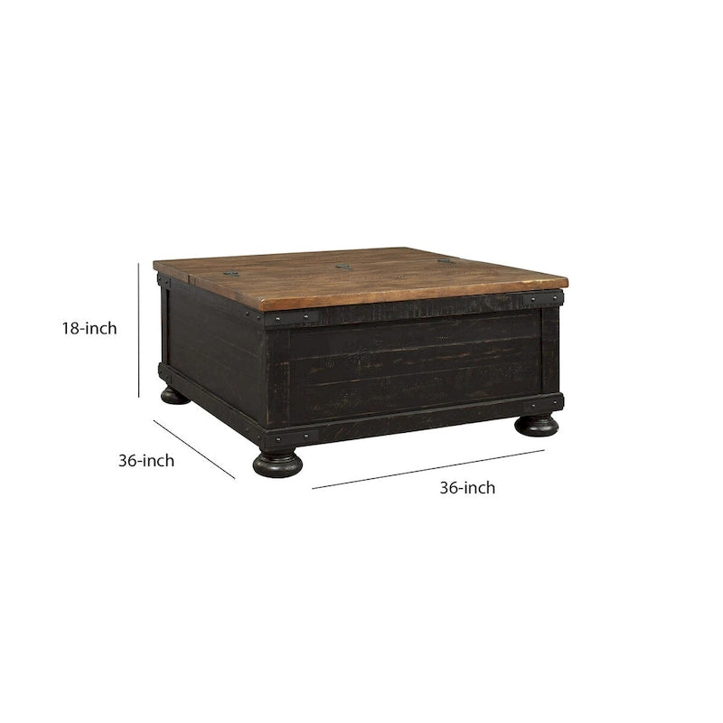 Table basse carrée en bois avec plateau relevable et coffre de rangement, marron et noir