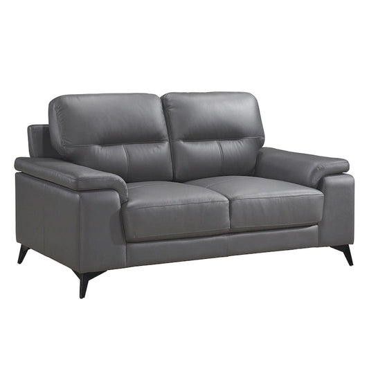 Mica 67 Inch Loveseat, Dark Gray Top Grain and Faux Leather, Metal Legs