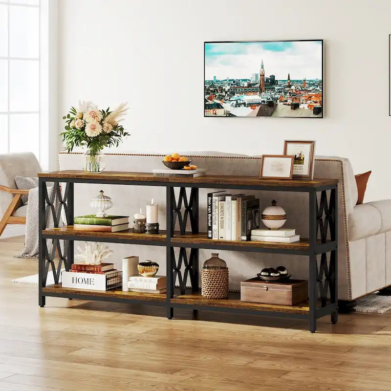 Console à 3 niveaux, table basse industrielle de 180 cm, table d'entrée longue