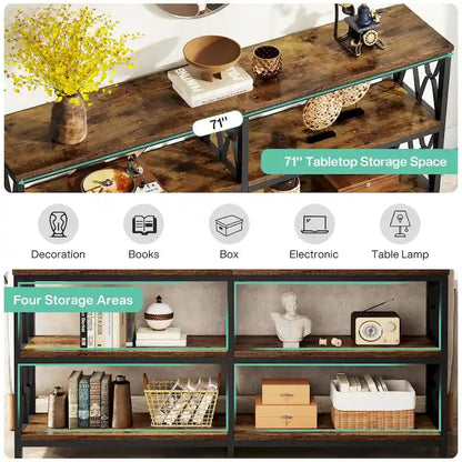 Console à 3 niveaux, table basse industrielle de 180 cm, table d'entrée longue