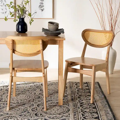 Nenet Mid-Century Modern Oak Brown Finished Wood and Rattan 2-Piece Dining Chair Set